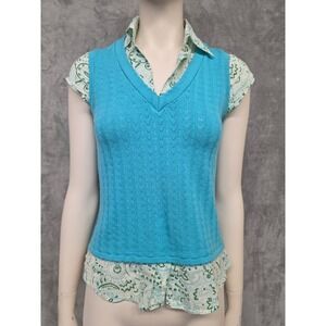 Y2K Layered Sweater Vest Top Heart & Soul Turquoise Blue Paisley Twee Small
